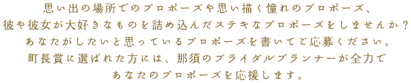 思い出の場所でのプロポーズや思い描く憧れのプロポーズ、彼や彼女が大好きなものを詰め込んだステキなプロポーズをしませんか？あなたがしたいと思っているプロポーズを書いてご応募ください。町長賞に選ばれた方には、那須のブライダルプランナーが全力であなたのプロポーズを応援します。