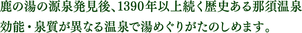 鹿の湯の源泉発見後、1390年以上続く歴史ある那須温泉効能・泉質が異なる温泉で湯めぐりがたのしめます。