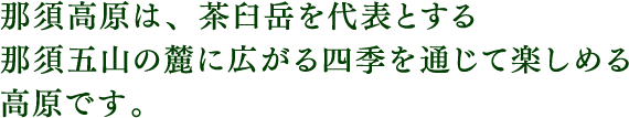 那須高原は、茶臼岳を代表とする 那須五山の麓に広がる四季を通じて楽しめる高原です。 