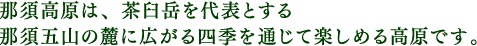 那須高原は、茶臼岳を代表とする那須五山の麓に広がる四季を通じて楽しめる高原です。